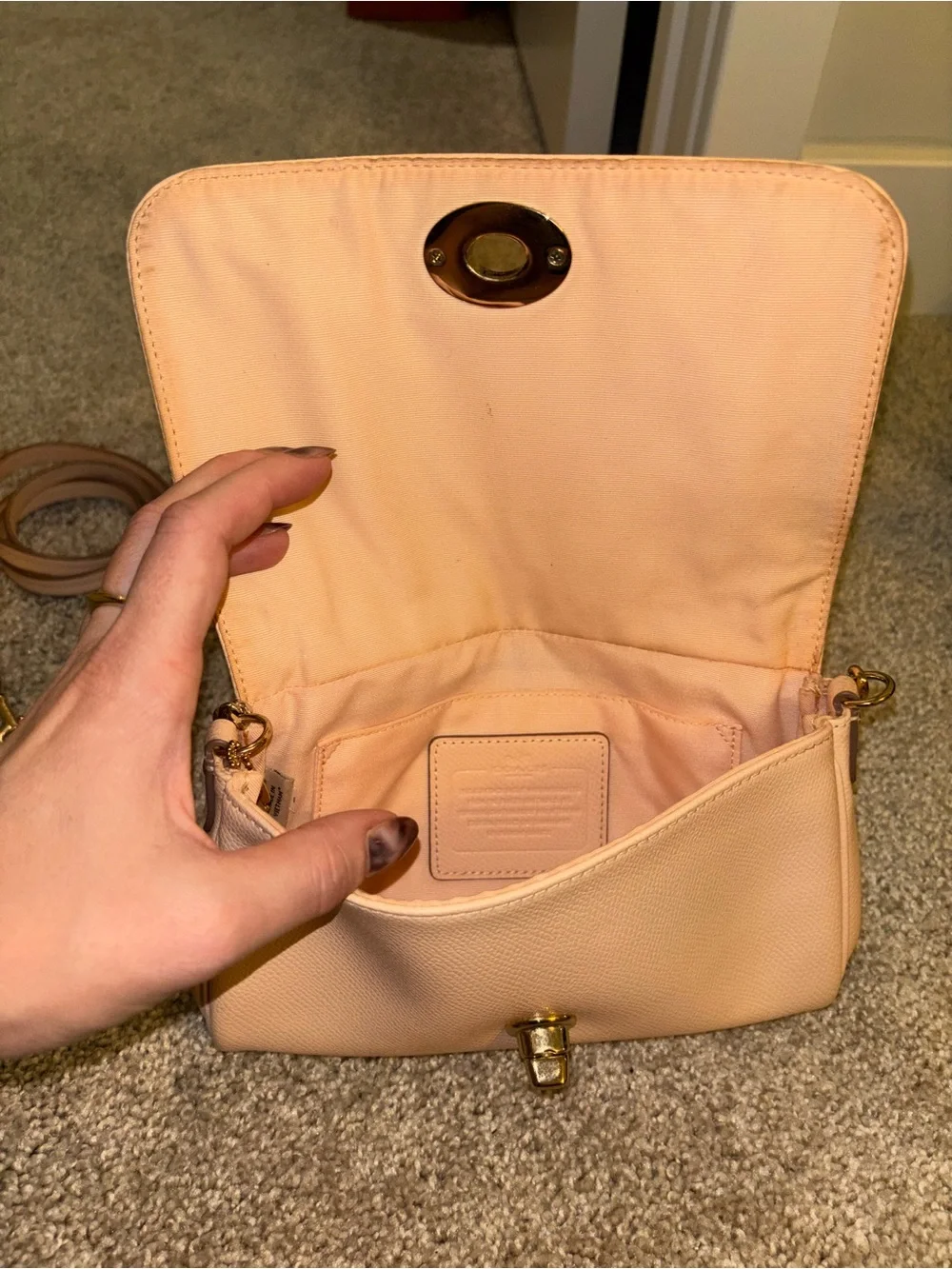 Peach colored Coach Pebbled Leather Shoulder Bag with Gold Chain